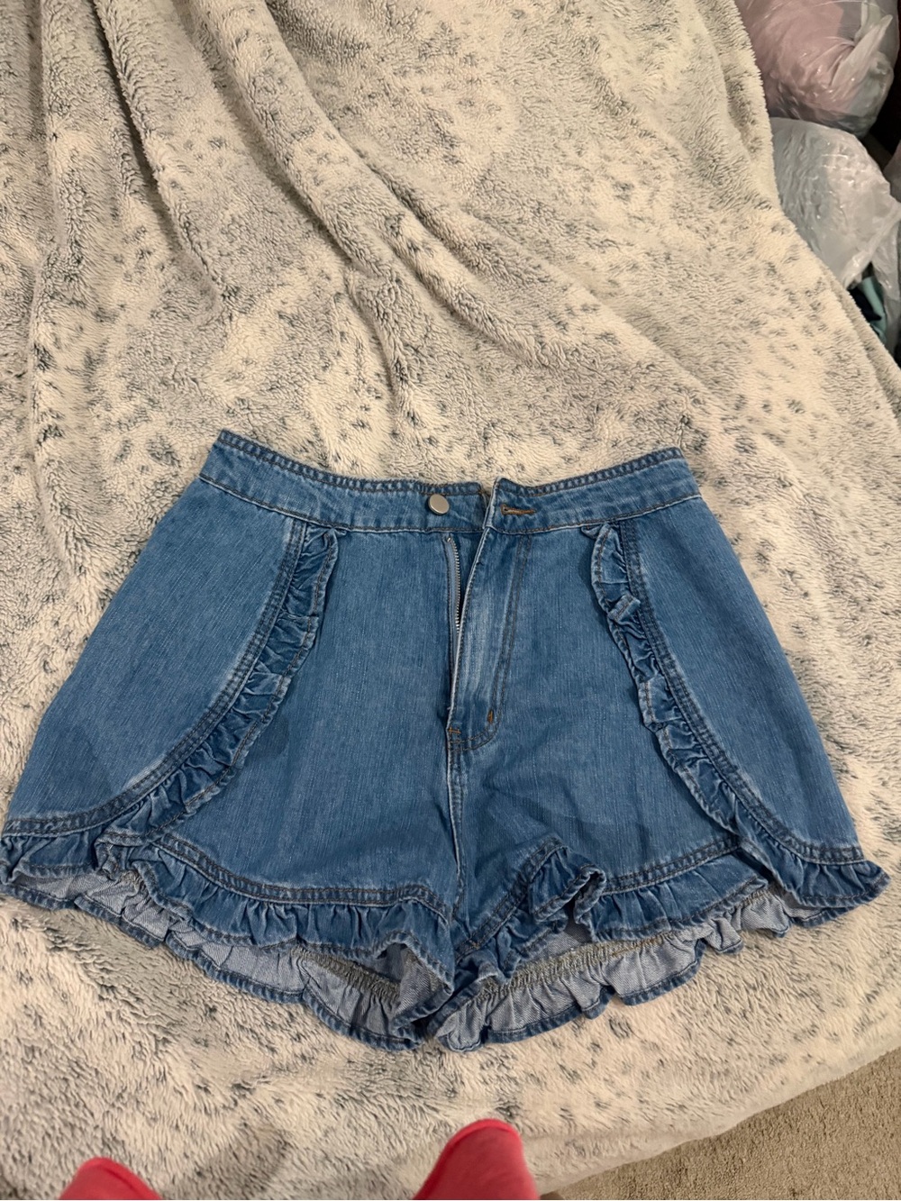 MARBLE Ruffle-Trim High Waist Denim Shorts - Blue